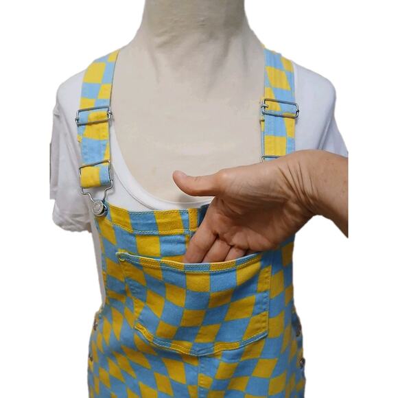 Forever 21 Denim Overall Dress Women Sz L Blue Yellow Check Stretch Mini Skirt - Picture 7 of 16